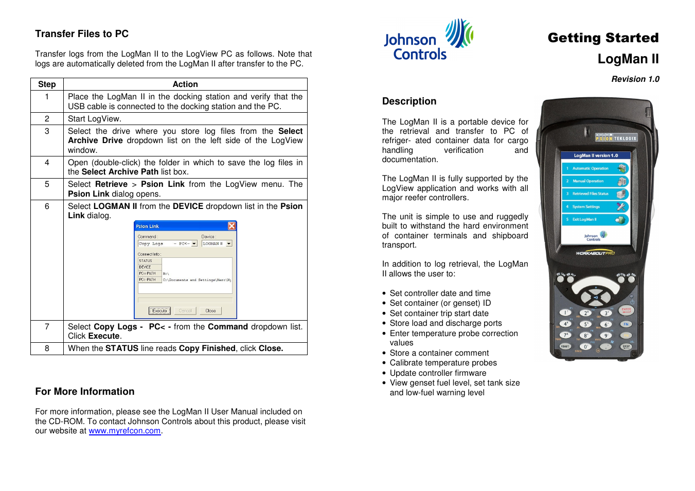 Johnson Controls LOGMAN II 1 User Manual | 2 pages