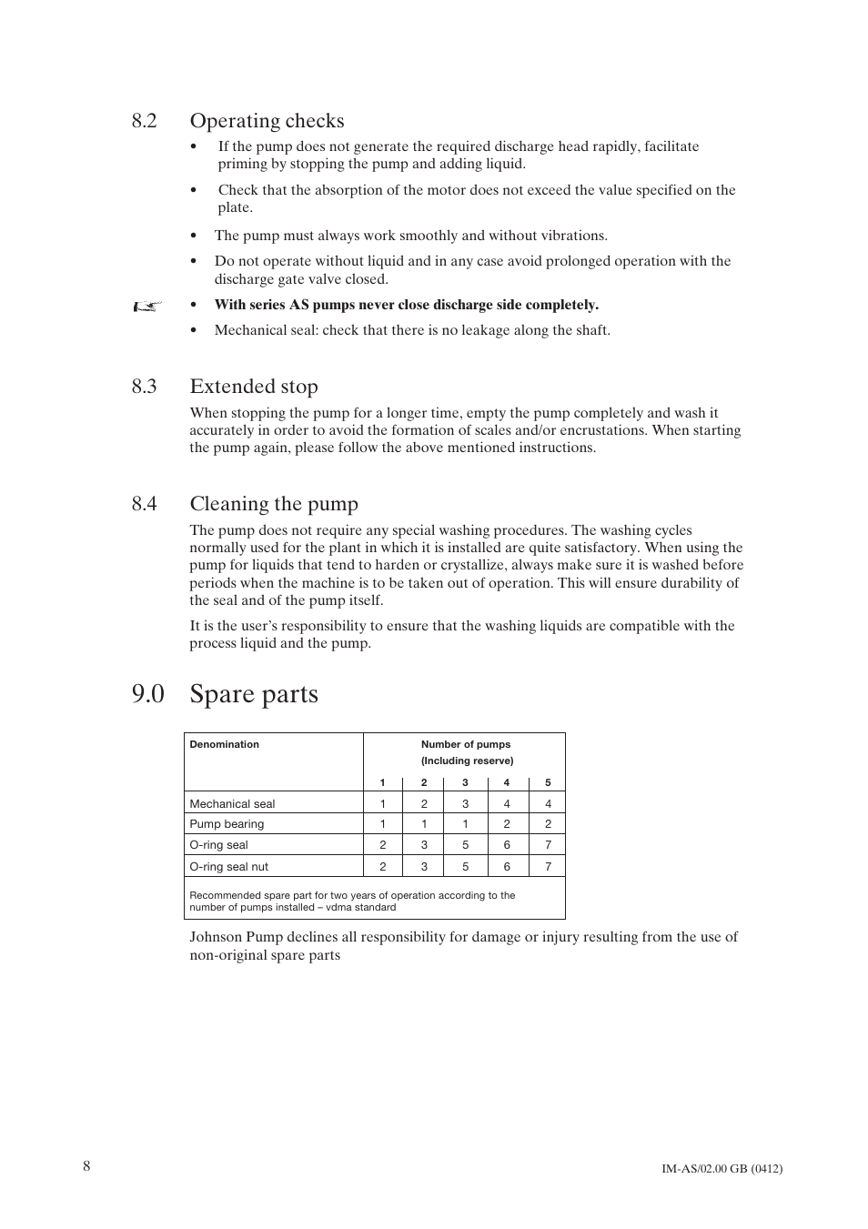 2 operating checks, 3 extended stop, 4 cleaning the pump | 0 spare parts, Operating checks, Extended stop, Cleaning the pump, Spare parts | Johnson Controls TopClean AS User Manual | Page 10 / 31