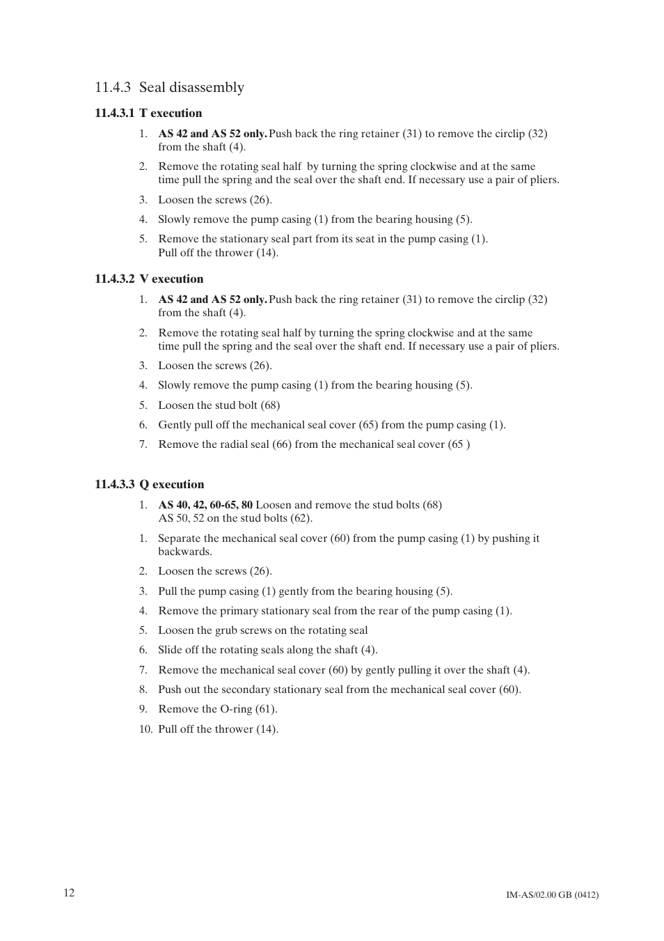 3 seal disassembly, 1 t execution, 2 v execution | 3 q execution, T execution, V execution, Q execution | Johnson Controls TopClean AS User Manual | Page 14 / 31