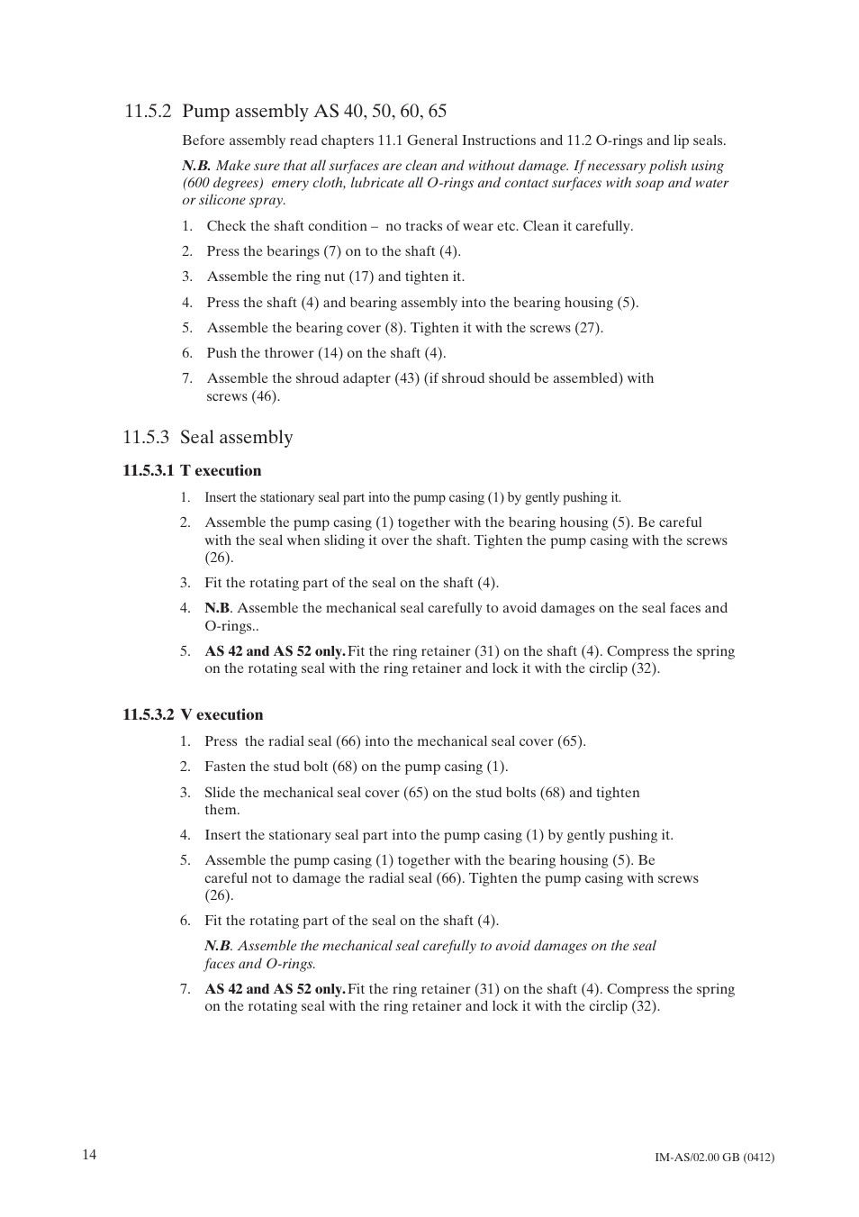 2 pump assembly as 40, 50, 60, 65, 3 seal assembly, 1 t execution | 2 v execution, T execution, V execution | Johnson Controls TopClean AS User Manual | Page 16 / 31