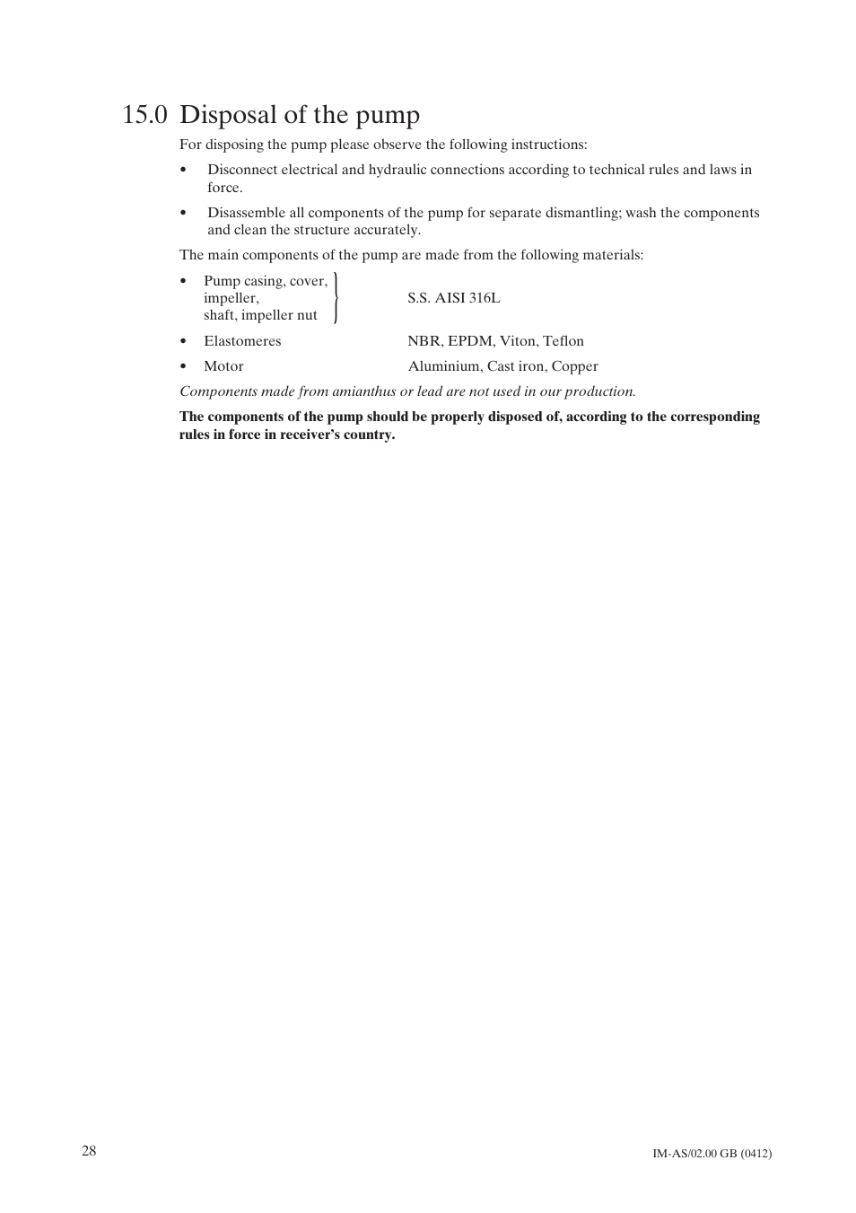 0 disposal of the pump, Disposal of the pump | Johnson Controls TopClean AS User Manual | Page 30 / 31