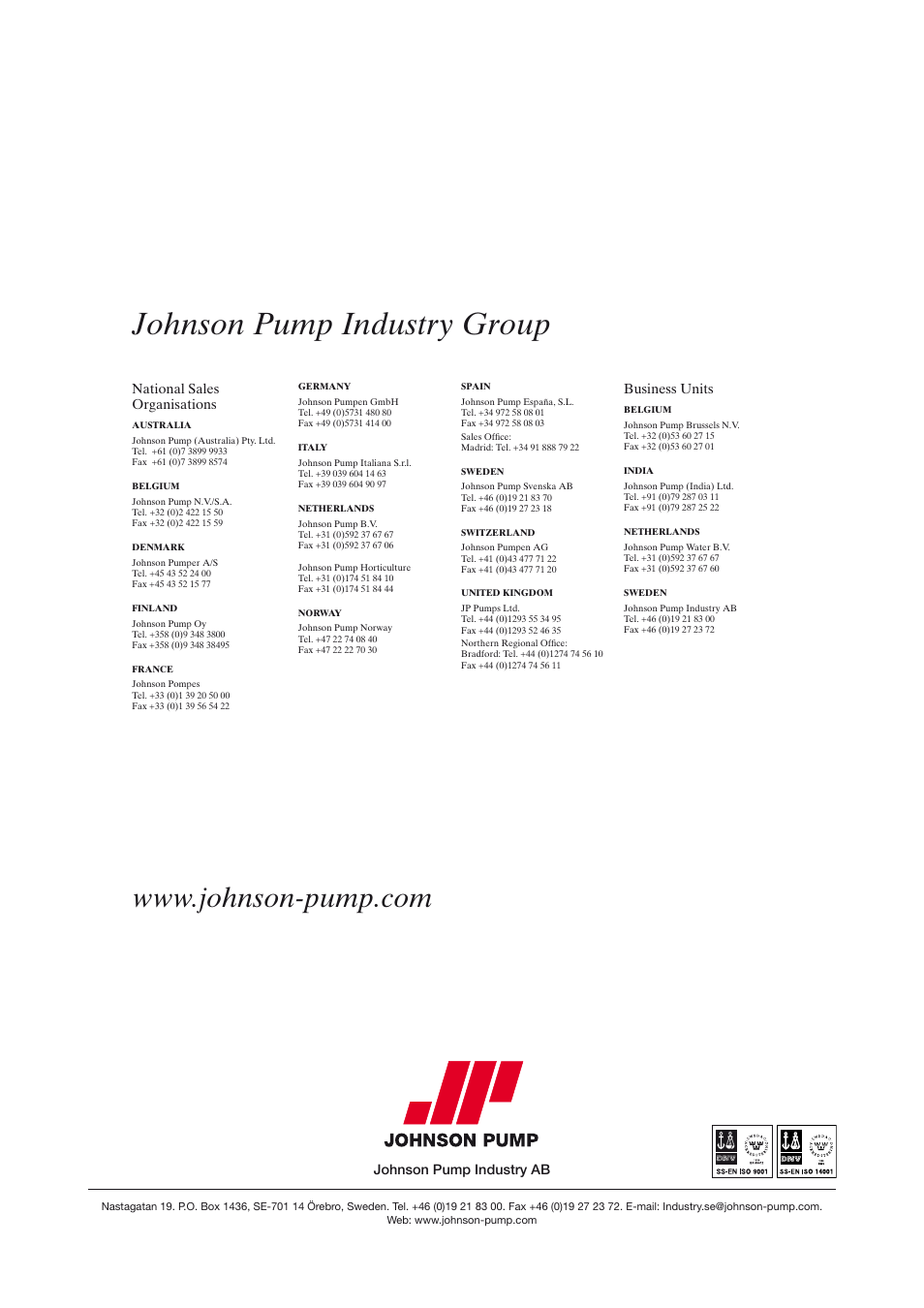 Johnson pump group, Johnson pump industry group, National sales organisations | Business units, Johnson pump industry ab | Johnson Controls TopClean AS User Manual | Page 31 / 31