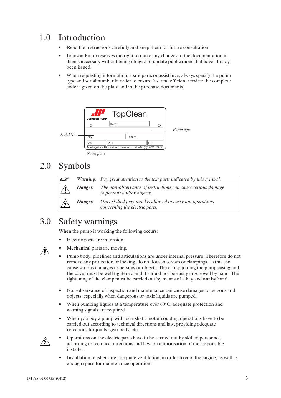0 introduction, 0 symbols, 0 safety warnings | Introduction, Symbols, Safety warnings, 0 symbols 3.0 safety warnings, Topclean | Johnson Controls TopClean AS User Manual | Page 5 / 31