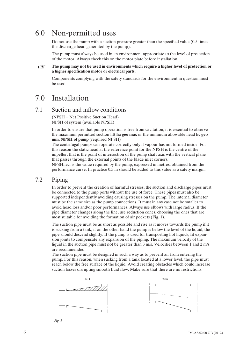 0 non-permitted uses, 0 installation, 1 suction and inflow conditions | 2 piping, Non-permitted uses, Installation, Suction and inflow conditions, Piping | Johnson Controls TopClean AS User Manual | Page 8 / 31