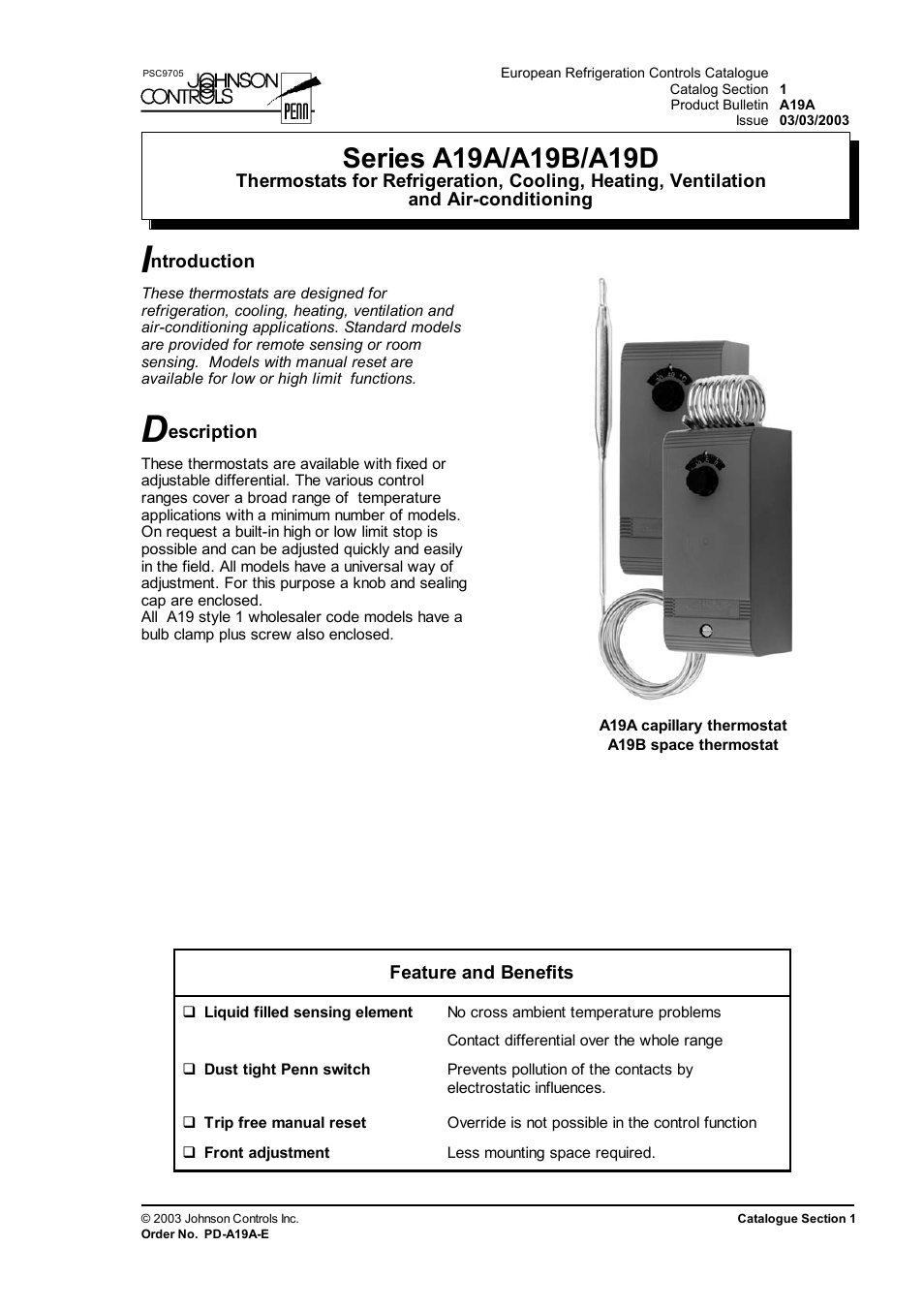 Johnson Controls Thermostat A19A User Manual | 10 pages