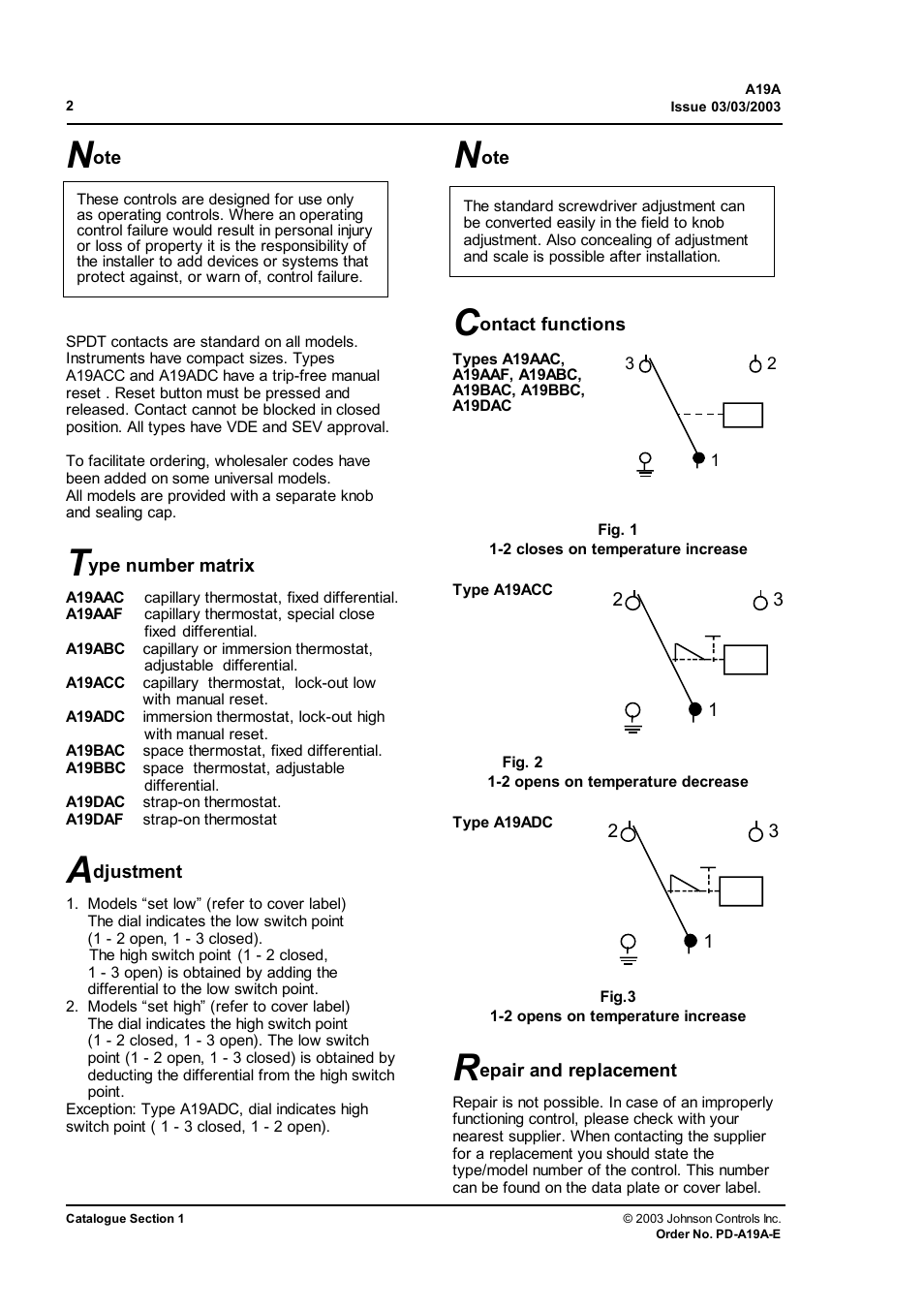 Type number matrix, Adjustment, Contact functions | Johnson Controls Thermostat A19A User Manual | Page 2 / 10