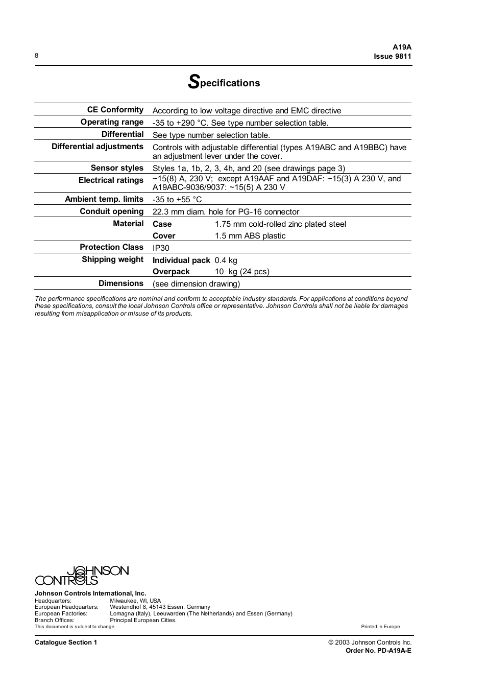 Specifications, Pecifications | Johnson Controls Thermostat A19A User Manual | Page 8 / 10