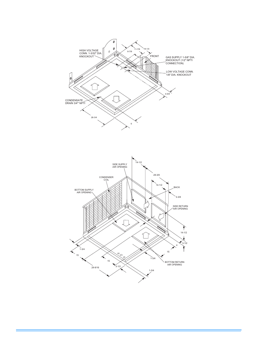 Unit dimensions - front & bottom, Unit dimensions - back & bottom, Figure 8 - unit dimensions - front & bottom | Figure 9 - unit dimensions - back & bottom | Johnson Controls 341426-BIM-A-0108 User Manual | Page 12 / 24