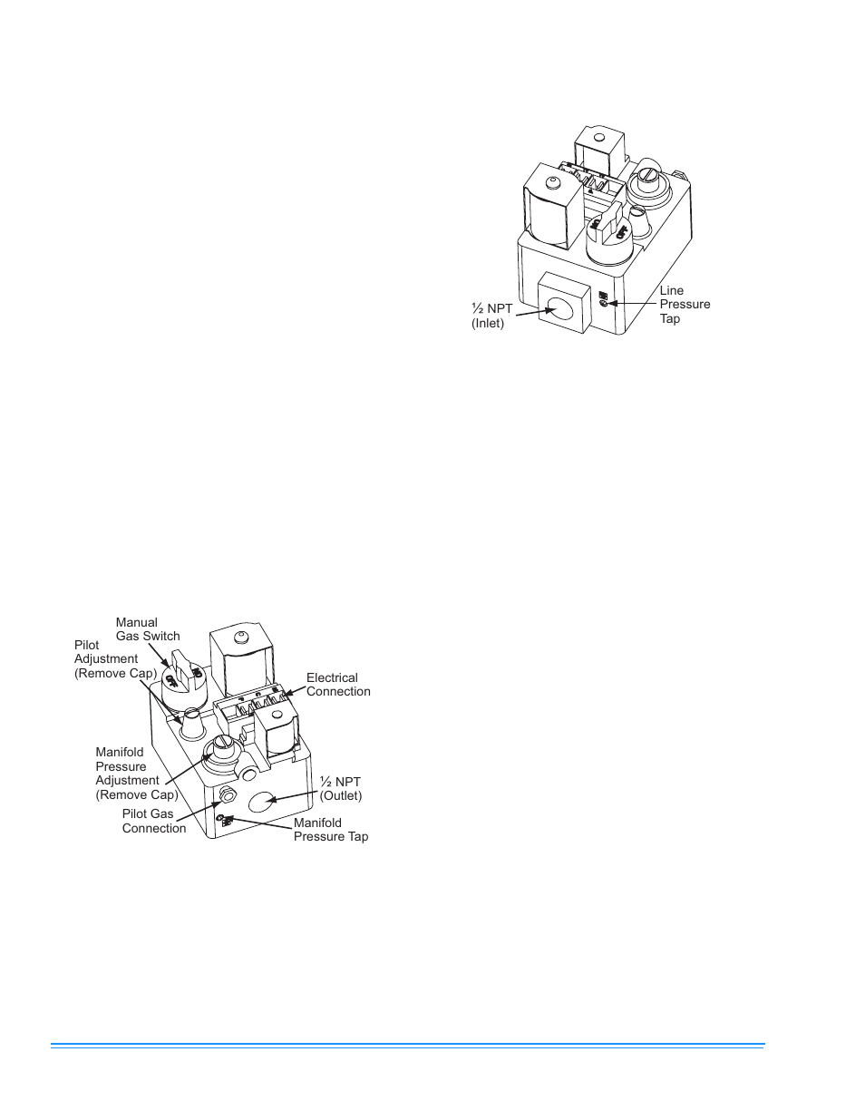 2h-heading2 - post-start check list (gas), 2h-heading2 - manifold gas pressure adjustment, Figure title1 - figure 10 - gas valve - front | Figure title1 - figure 11 - gas valve - rear, 2h-heading2 - burner instructions, 2h-heading2 - pilot instructions, 10 gas valve - front 11 gas valve - rear | Johnson Controls 341426-BIM-A-0108 User Manual | Page 16 / 24