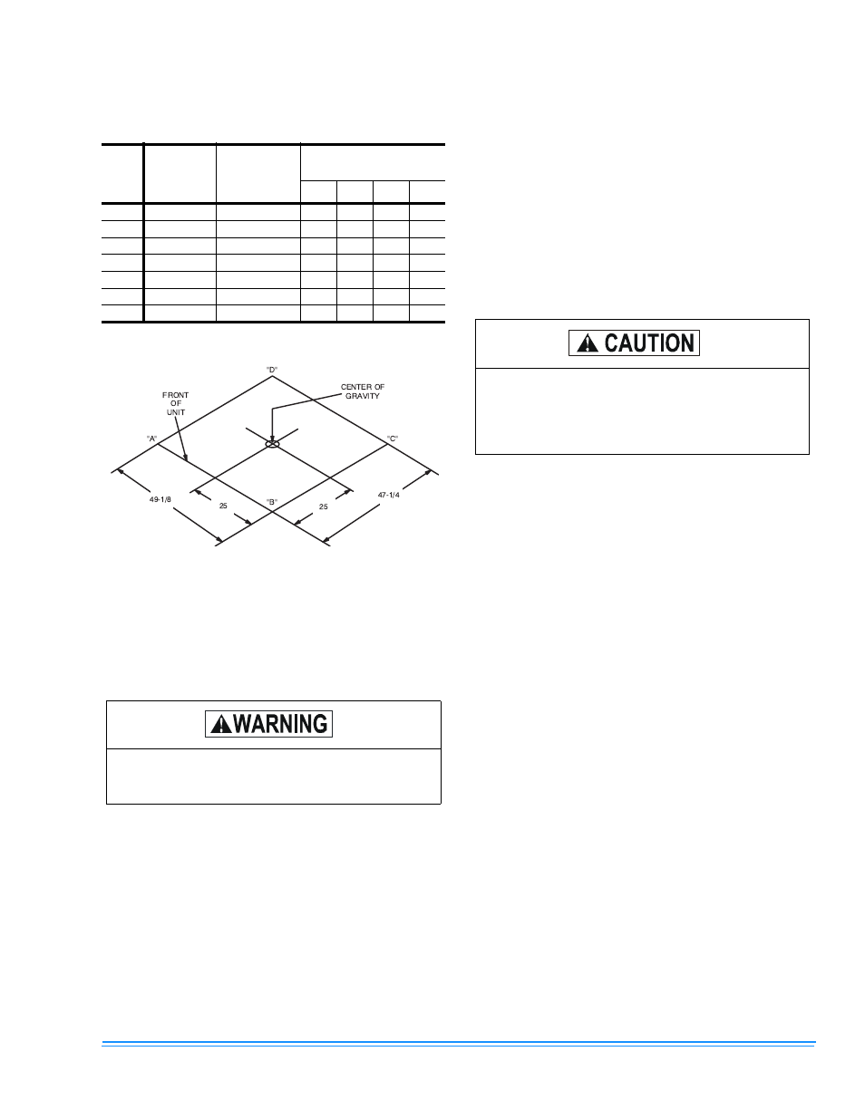 Figure title1 - figure 2 - unit center of gravity, 2h-heading2 - clearances, 2h-heading2 - duct work | 2h-heading2 - roof curb, 2h-heading2 - filters, 2h-heading2 - condensate drain, Unit center of gravity, Unit weights and center of gravity, E 2 for | Johnson Controls AFFINITY 340968-XIM-A-0108 User Manual | Page 5 / 24