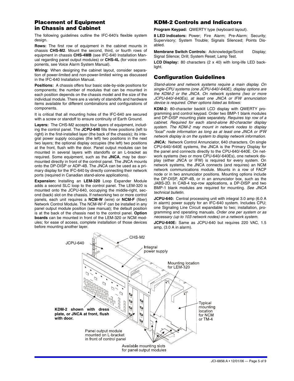 Placement of equipment in chassis and cabinet, Kdm-2 controls and indicators, Configuration guidelines | Johnson Controls IFC-640 User Manual | Page 5 / 9