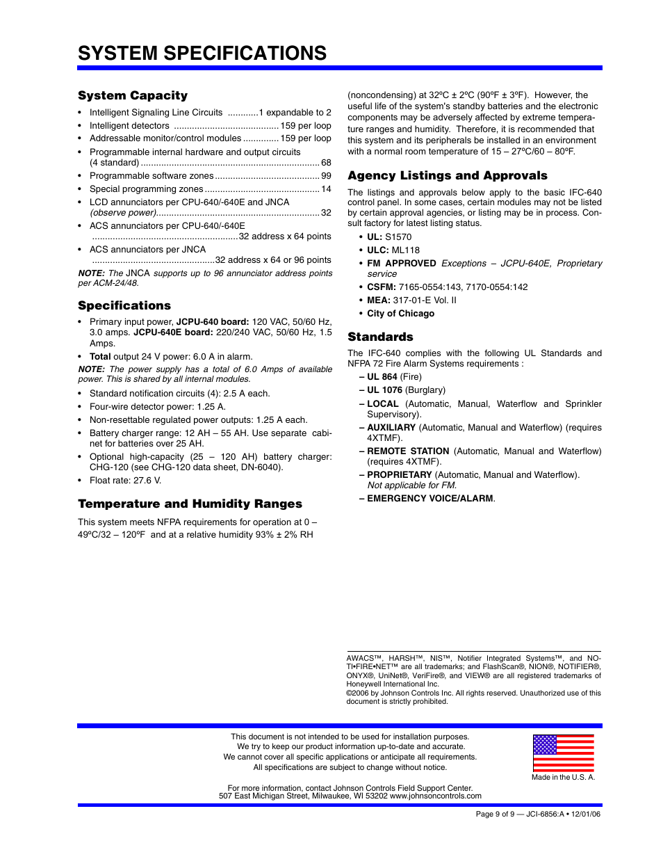 System specifications, System capacity, Specifications | Temperature and humidity ranges, Agency listings and approvals, Standards | Johnson Controls IFC-640 User Manual | Page 9 / 9