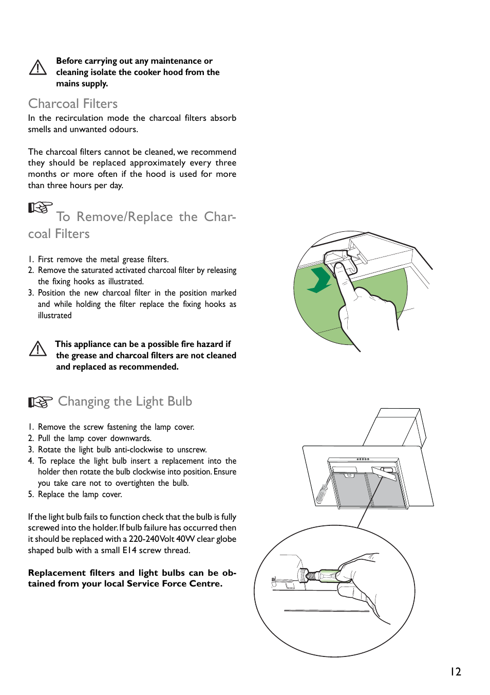 Charcoal filters, Changing the light bulb | John Lewis JLBIHD603 User Manual | Page 12 / 16