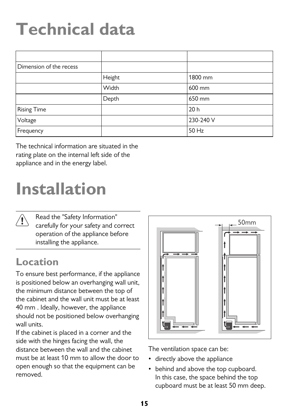 Technical data, Installation, Location | John Lewis JLFZW1812 User Manual | Page 15 / 20