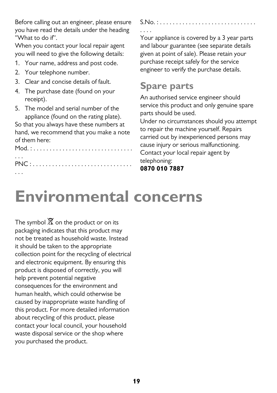 Environmental concerns, Spare parts | John Lewis JLFZW1812 User Manual | Page 19 / 20