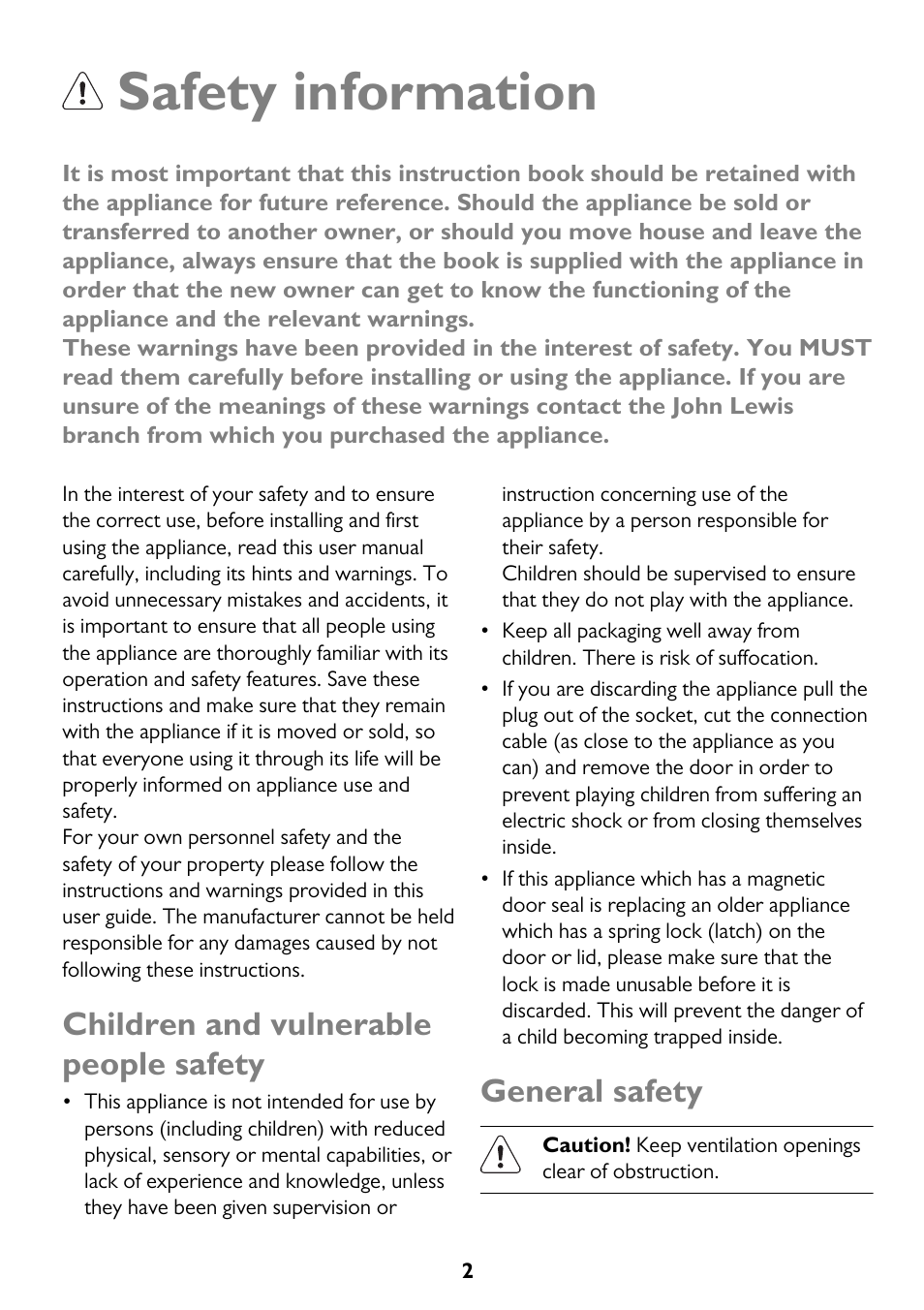 Safety information, Children and vulnerable people safety, General safety | John Lewis JLFZW1812 User Manual | Page 2 / 20