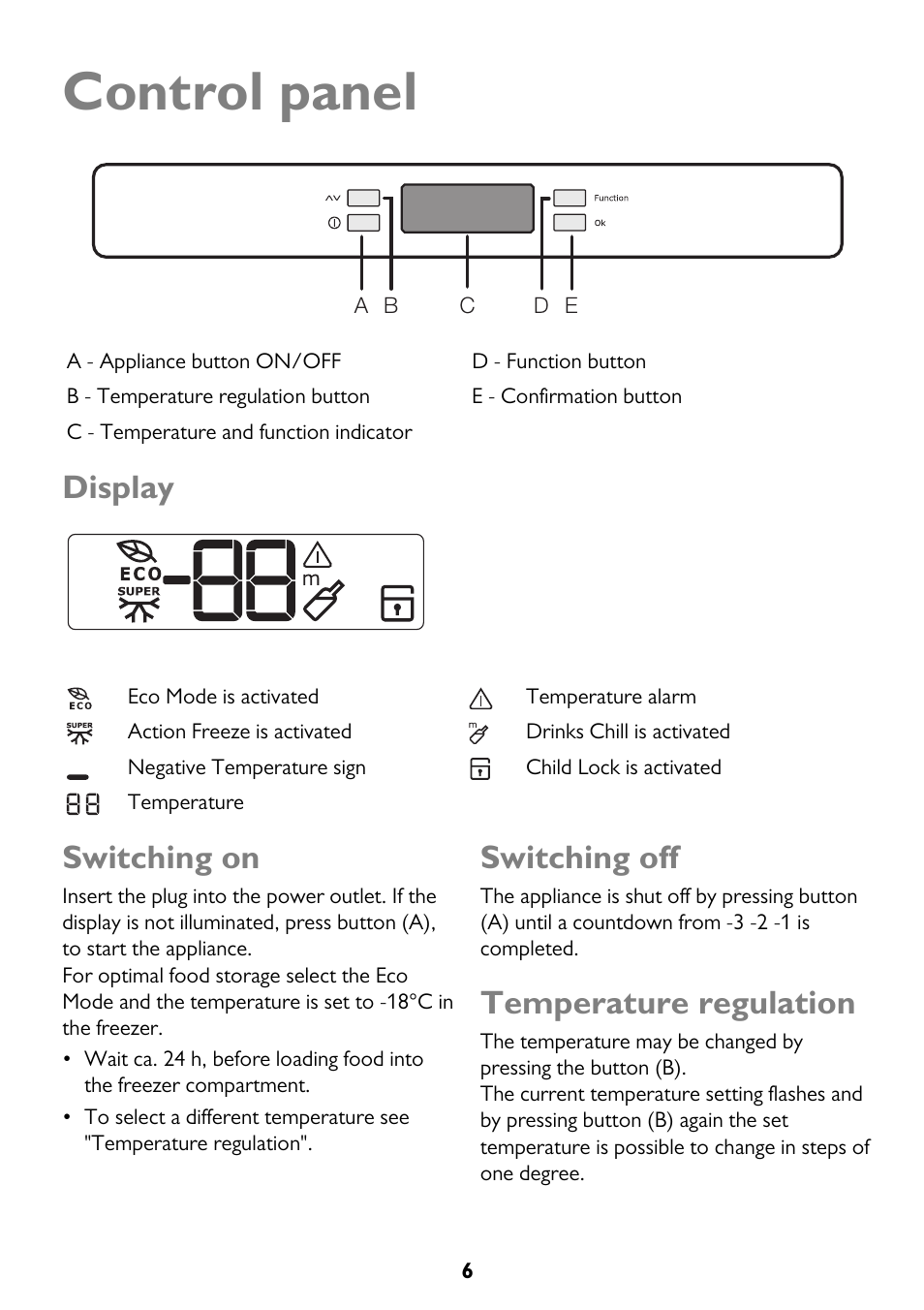 Control panel, Display, Switching on | Switching off, Temperature regulation | John Lewis JLFZW1812 User Manual | Page 6 / 20