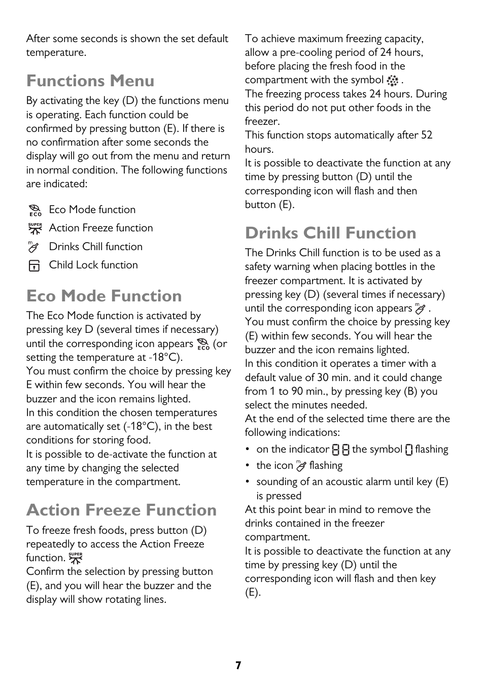 Functions menu, Eco mode function, Action freeze function | Drinks chill function | John Lewis JLFZW1812 User Manual | Page 7 / 20