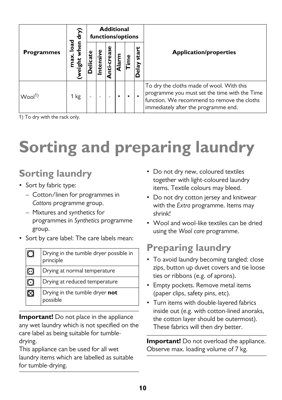 Sorting and preparing laundry, Sorting laundry, Preparing laundry | John Lewis JLTDH15 User Manual | Page 10 / 32