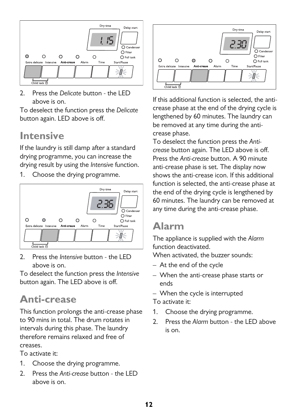 Intensive, Anti-crease, Alarm | John Lewis JLTDH15 User Manual | Page 12 / 32