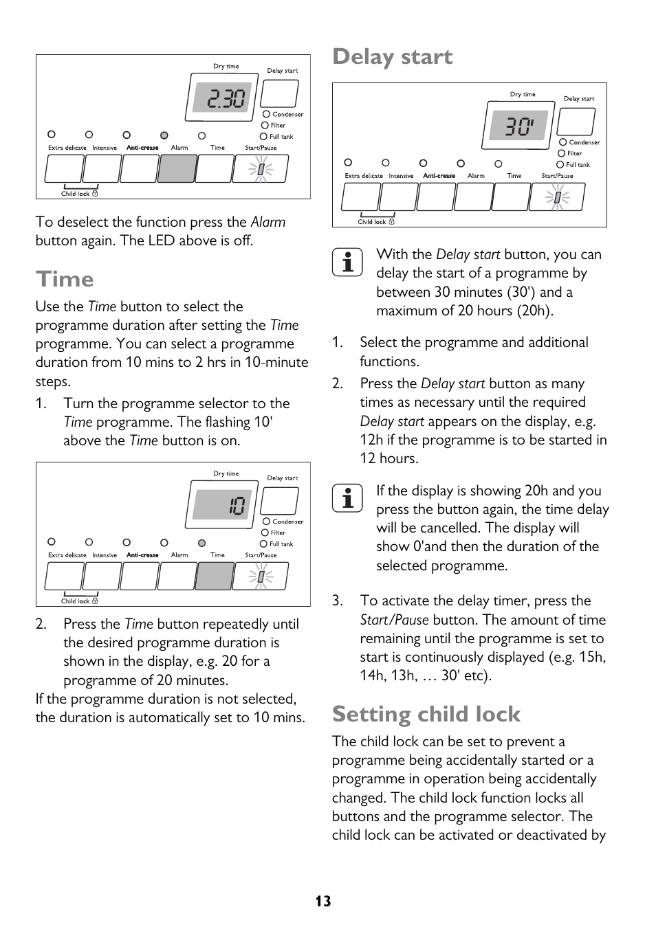 Time, Delay start, Setting child lock | John Lewis JLTDH15 User Manual | Page 13 / 32