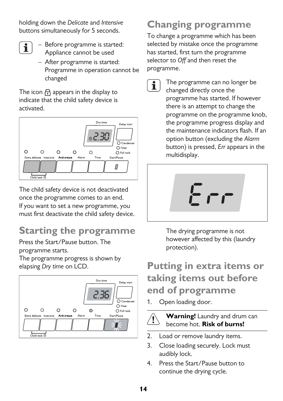 Starting the programme, Changing programme | John Lewis JLTDH15 User Manual | Page 14 / 32