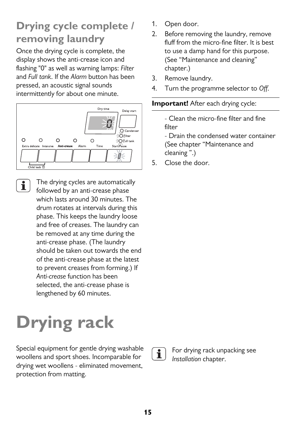 Drying rack, Drying cycle complete / removing laundry | John Lewis JLTDH15 User Manual | Page 15 / 32