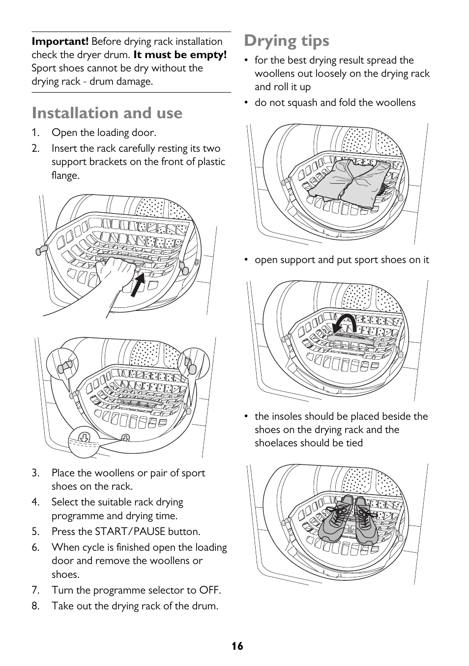 Installation and use, Drying tips | John Lewis JLTDH15 User Manual | Page 16 / 32