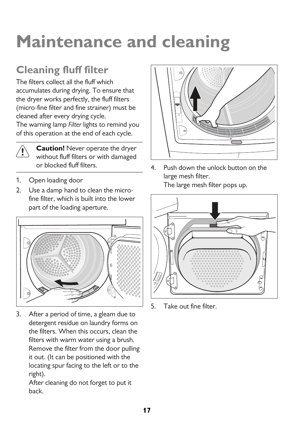 Maintenance and cleaning, Cleaning fluff filter | John Lewis JLTDH15 User Manual | Page 17 / 32