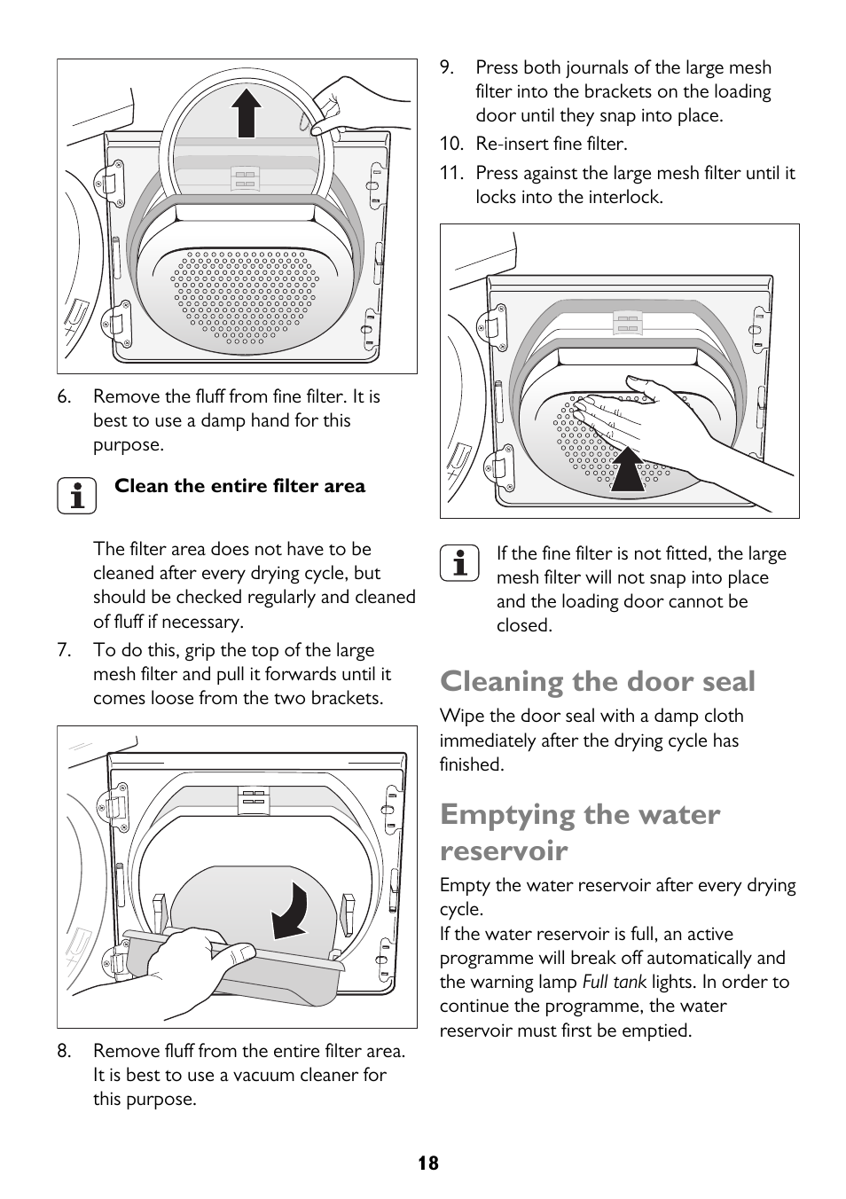 Cleaning the door seal, Emptying the water reservoir | John Lewis JLTDH15 User Manual | Page 18 / 32