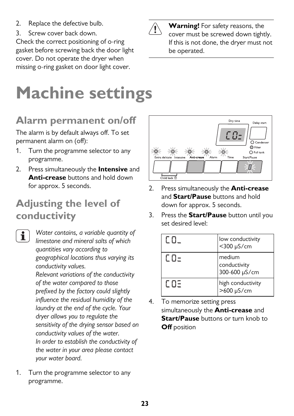 Machine settings, Alarm permanent on/off, Adjusting the level of conductivity | John Lewis JLTDH15 User Manual | Page 23 / 32