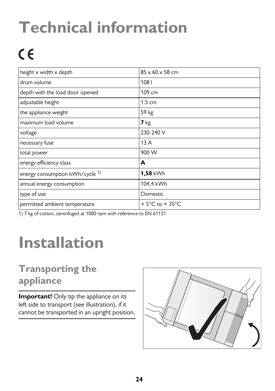 Technical information, Installation, Transporting the appliance | John Lewis JLTDH15 User Manual | Page 24 / 32