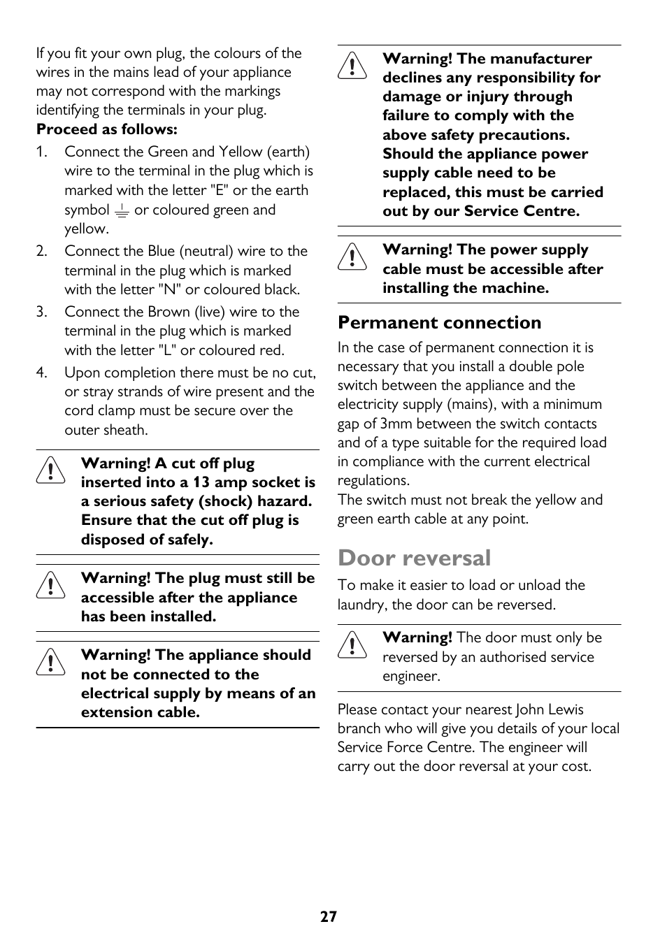 Door reversal, Permanent connection | John Lewis JLTDH15 User Manual | Page 27 / 32
