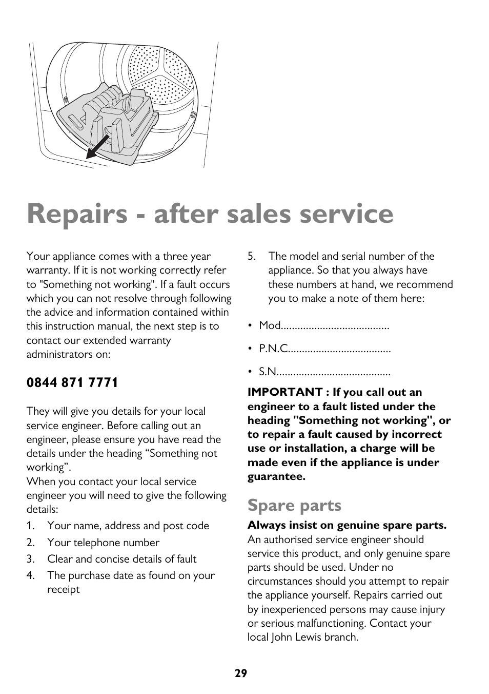 Repairs - after sales service, Spare parts | John Lewis JLTDH15 User Manual | Page 29 / 32