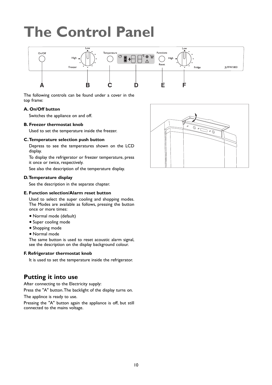The control panel, Putting it into use | John Lewis JLFFW1803 User Manual | Page 10 / 20