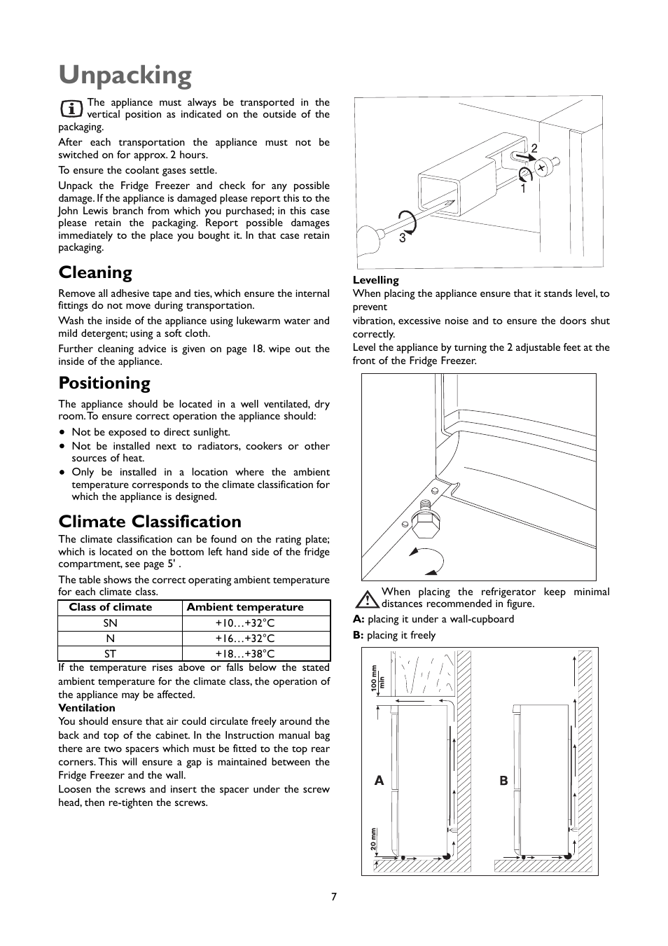 Unpacking, Cleaning, Positioning | Climate classification | John Lewis JLFFW1803 User Manual | Page 7 / 20