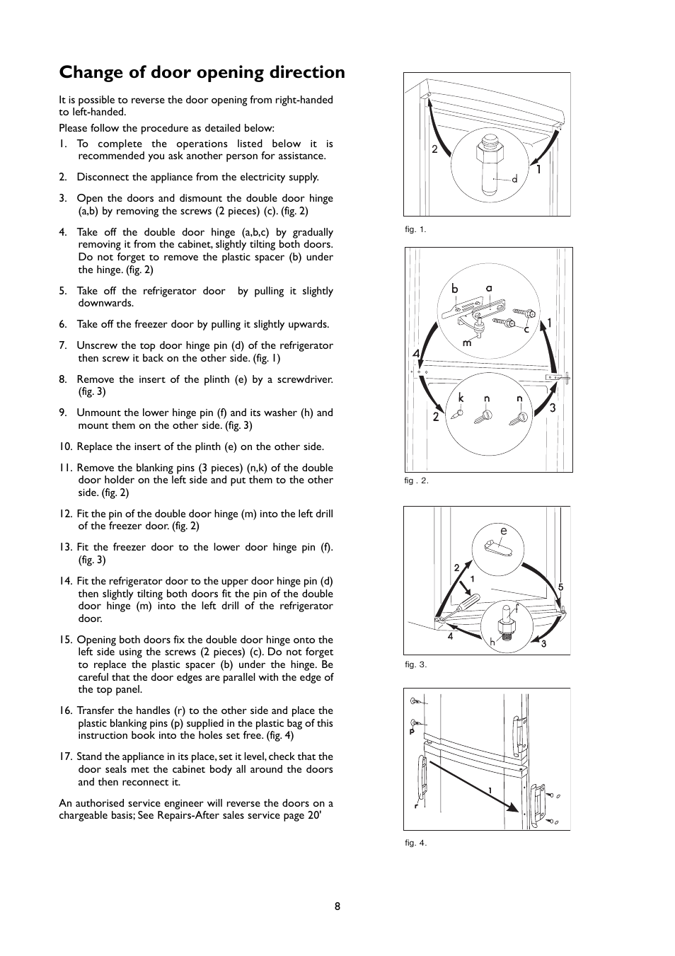 Change of door opening direction | John Lewis JLFFW1803 User Manual | Page 8 / 20