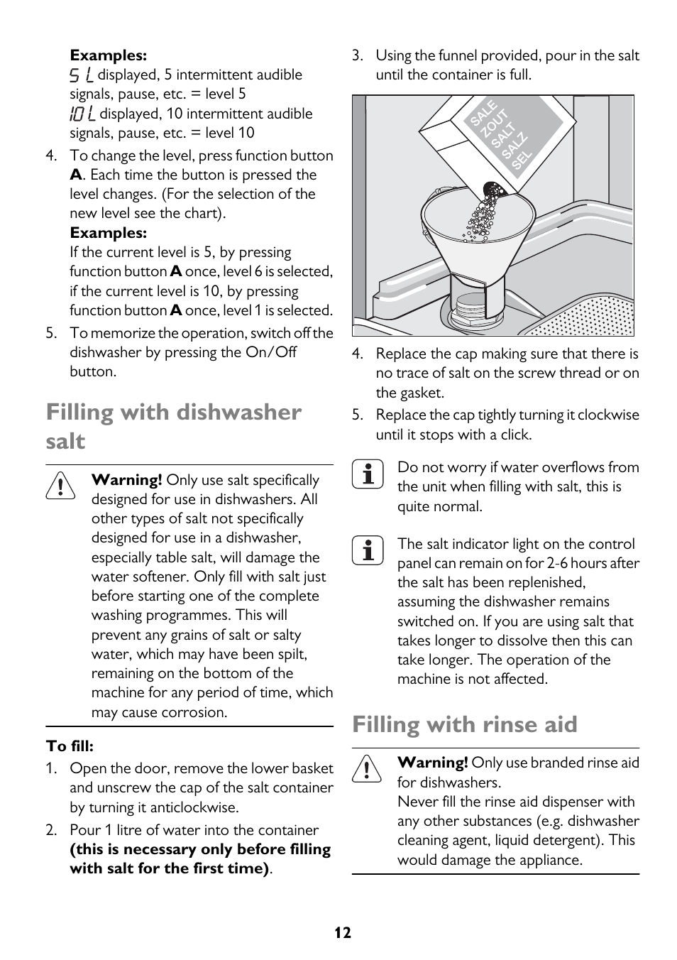 Filling with dishwasher salt, Filling with rinse aid | John Lewis JLDWS1208 User Manual | Page 12 / 36