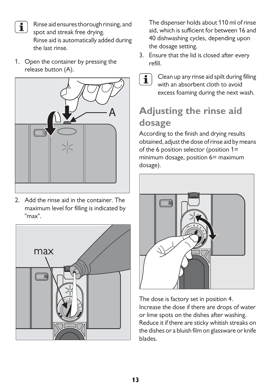 Adjusting the rinse aid dosage | John Lewis JLDWS1208 User Manual | Page 13 / 36