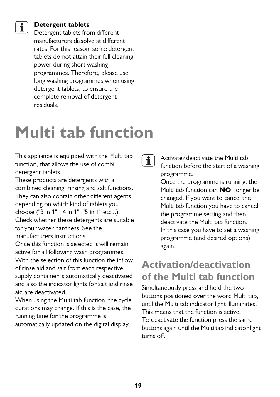 Multi tab function, Activation/deactivation of the multi tab function | John Lewis JLDWS1208 User Manual | Page 19 / 36