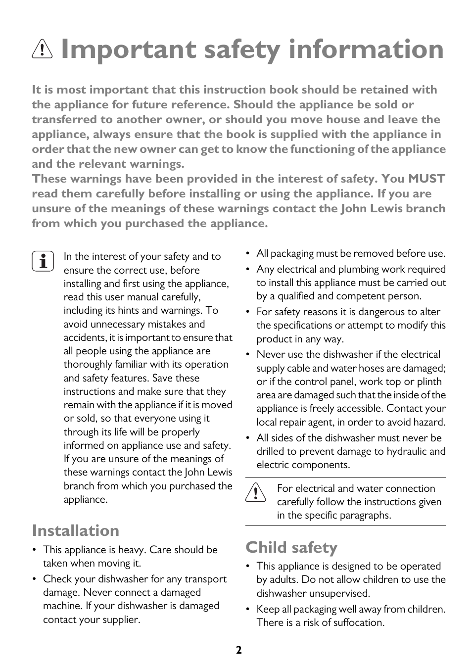 Important safety information, Installation, Child safety | John Lewis JLDWS1208 User Manual | Page 2 / 36