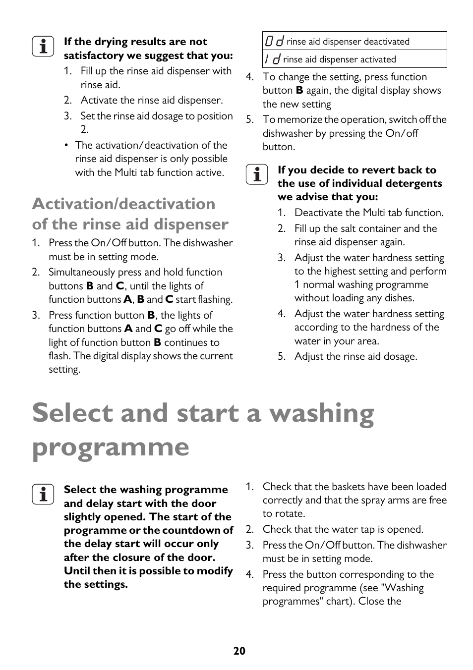 Select and start a washing programme, Activation/deactivation of the rinse aid dispenser | John Lewis JLDWS1208 User Manual | Page 20 / 36