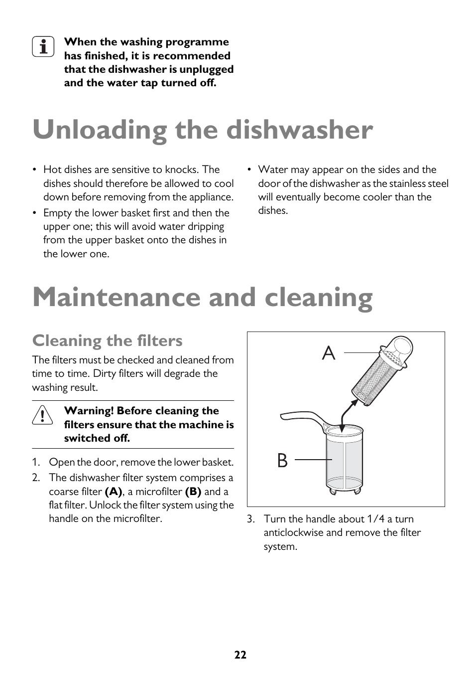 Unloading the dishwasher, Maintenance and cleaning, Cleaning the filters | John Lewis JLDWS1208 User Manual | Page 22 / 36