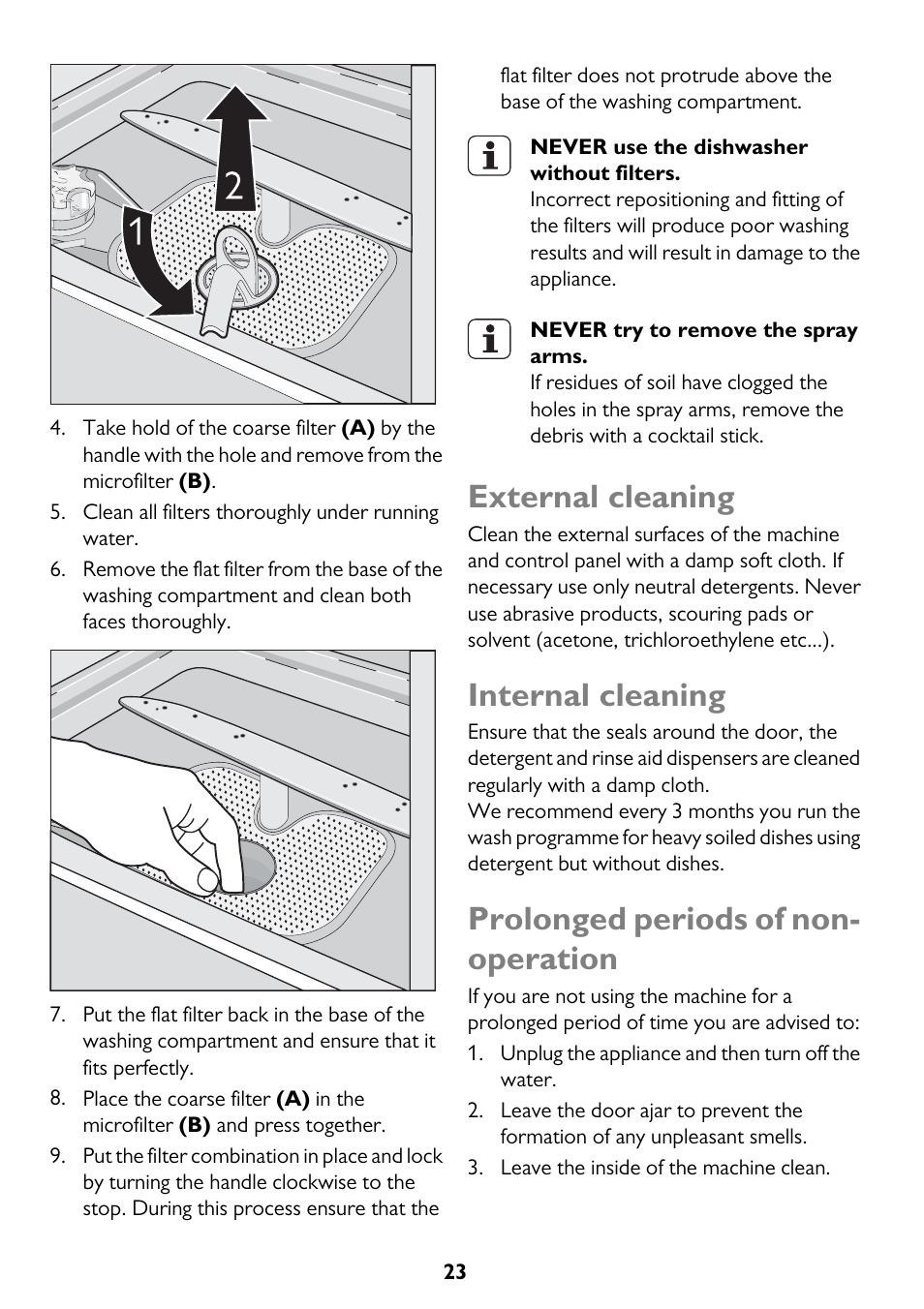 External cleaning, Internal cleaning, Prolonged periods of non- operation | John Lewis JLDWS1208 User Manual | Page 23 / 36