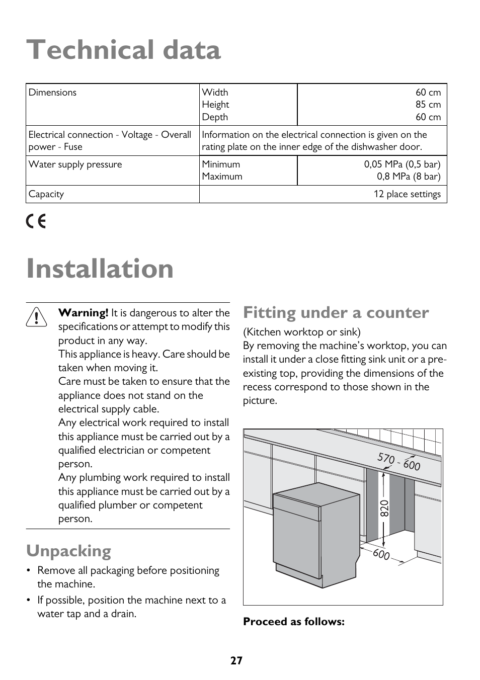 Technical data, Installation, Unpacking | Fitting under a counter | John Lewis JLDWS1208 User Manual | Page 27 / 36