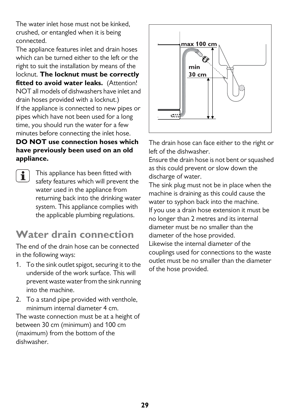 Water drain connection | John Lewis JLDWS1208 User Manual | Page 29 / 36