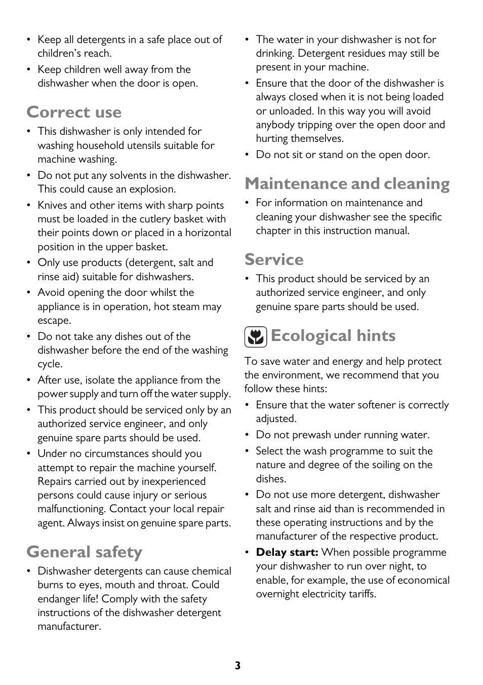 Correct use, General safety, Maintenance and cleaning | Service, Ecological hints | John Lewis JLDWS1208 User Manual | Page 3 / 36