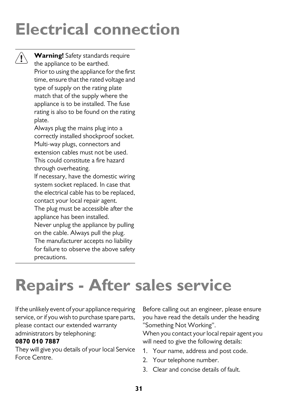 Electrical connection, Repairs - after sales service | John Lewis JLDWS1208 User Manual | Page 31 / 36