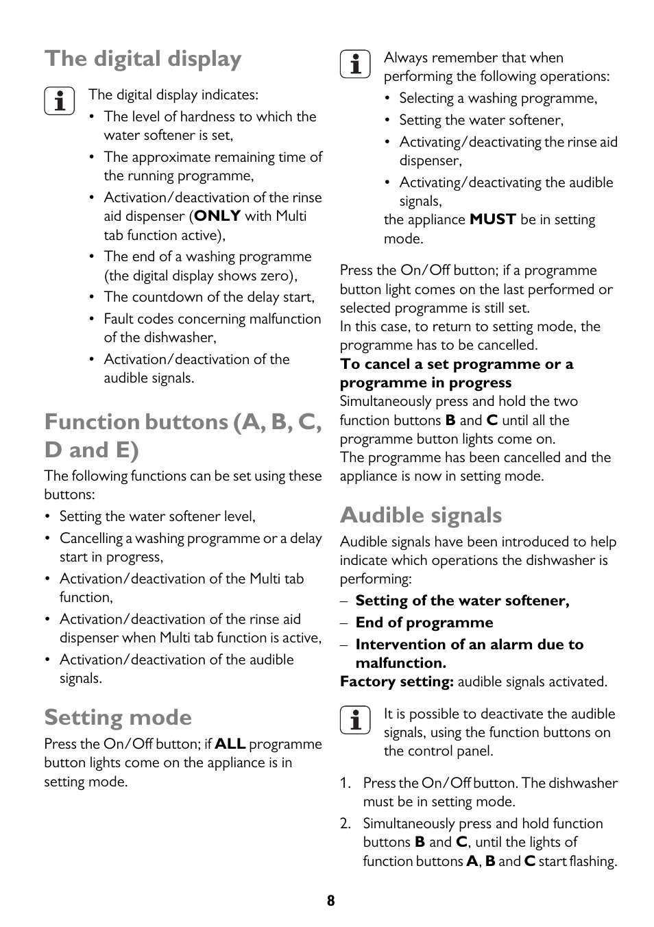 The digital display, Function buttons (a, b, c, d and e), Setting mode | Audible signals | John Lewis JLDWS1208 User Manual | Page 8 / 36