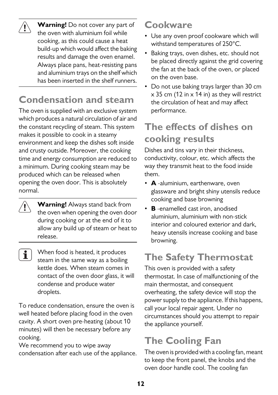 Condensation and steam, Cookware, The effects of dishes on cooking results | The safety thermostat, The cooling fan | John Lewis JLBIOS661 User Manual | Page 12 / 32